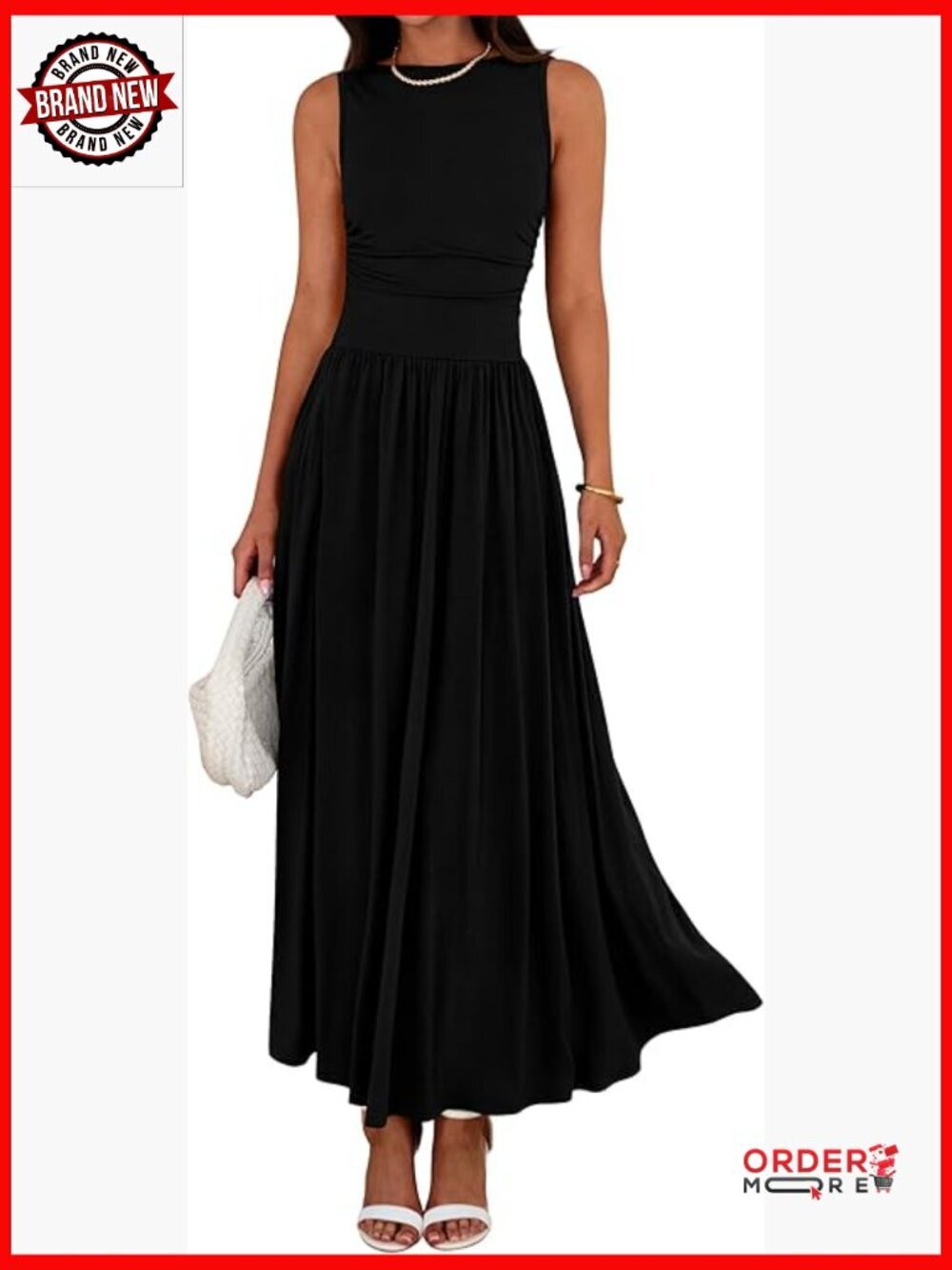 Summer Sleeveless Ruched High Waisted Maxi Dress with Pockets